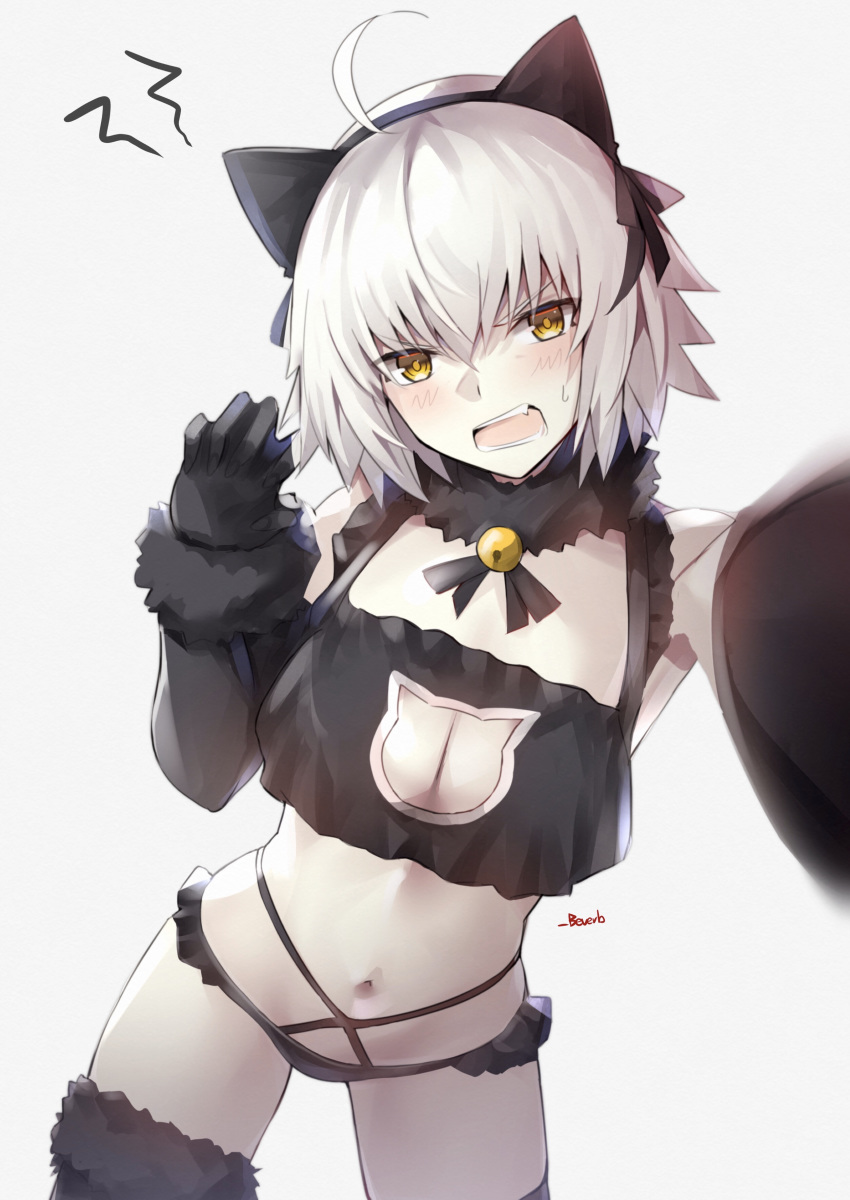 1girl absurdres ahoge bangs bee_doushi blush breasts fate/grand_order fate_(series) highres jeanne_d'arc_(alter)_(fate) jeanne_d'arc_(fate)_(all) large_breasts looking_at_viewer navel open_mouth short_hair silver_hair simple_background solo yellow_eyes