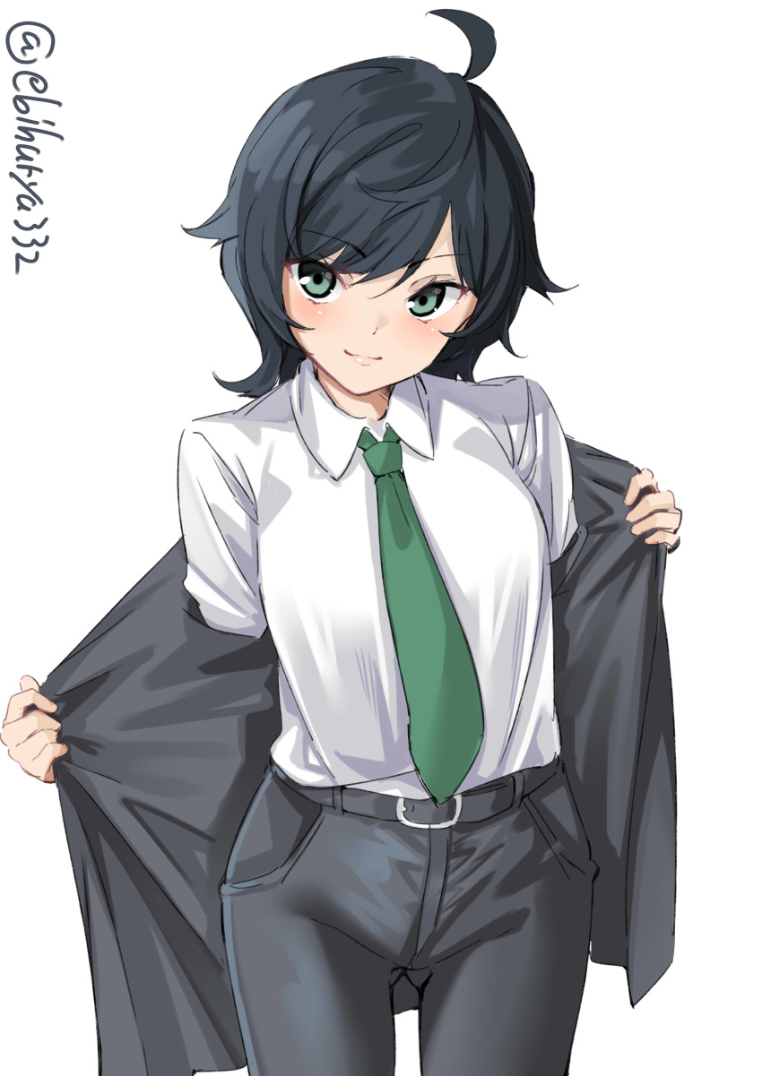 1girl absurdres ahoge alternate_costume bangs belt black_belt black_hair black_pants blazer blouse contemporary ebifurya green_eyes green_neckwear highres jacket kantai_collection light_smile looking_at_viewer matsukaze_(kantai_collection) necktie open_clothes open_jacket pants short_hair smile solo swept_bangs twitter_username wavy_hair white_blouse