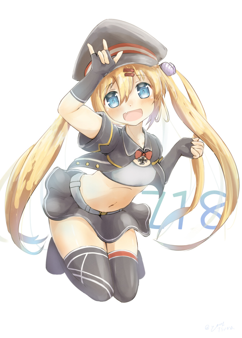 1girl :d \m/ arm_over_head azur_lane bangs belt black_gloves black_headwear black_legwear black_shirt black_skirt blonde_hair blue_eyes blush bow bowtie bra breasts character_name clenched_hand collared_shirt commentary_request elbow_gloves eyebrows_visible_through_hair fang fingerless_gloves full_body gloves grey_belt hair_between_eyes hair_ornament hairclip hand_up hat highres iron_cross legs_together long_hair looking_at_viewer midriff navel open_clothes open_mouth open_shirt red_bow shirt short_sleeves sidelocks simple_background skin_fang skirt small_breasts smile solo thigh-highs training_bra twintails underwear white_background yomitsuna z18_(azur_lane) zettai_ryouiki