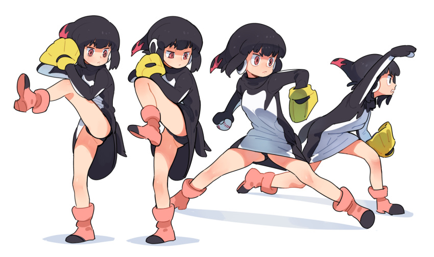 1girl adelie_penguin_(kemono_friends) ankle_boots arm_up ball bangs bare_legs baseball baseball_mitt bird_tail black_hair black_panties blunt_bangs boots clenched_teeth closed_mouth dress expressionless eyebrows from_side full_body half-closed_eyes hand_up hands_up headphones holding holding_ball kazue1000 kemono_friends leg_up long_sleeves looking_afar looking_away looking_down multicolored_hair multiple_views panties pantyshot pantyshot_(standing) penguin_tail pink_footwear profile redhead shoe_soles short_hair simple_background spread_legs standing tail teeth turtleneck two-tone_hair underwear v-shaped_eyebrows white_background wide-eyed