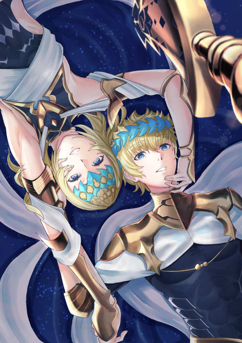 1boy 1girl absurdres arm_guards armlet black_shirt blonde_hair blue_eyes bracelet breasts bridal_gauntlets brother_and_sister castor_(fate/grand_order) collar diadem fate/grand_order fate_(series) highres jewelry lying medium_hair metal_collar on_back parted_lips pauldrons pollux_(fate/grand_order) repurika ripples sash shirt short_hair siblings small_breasts smile star_(sky) sword twins water weapon white_robe