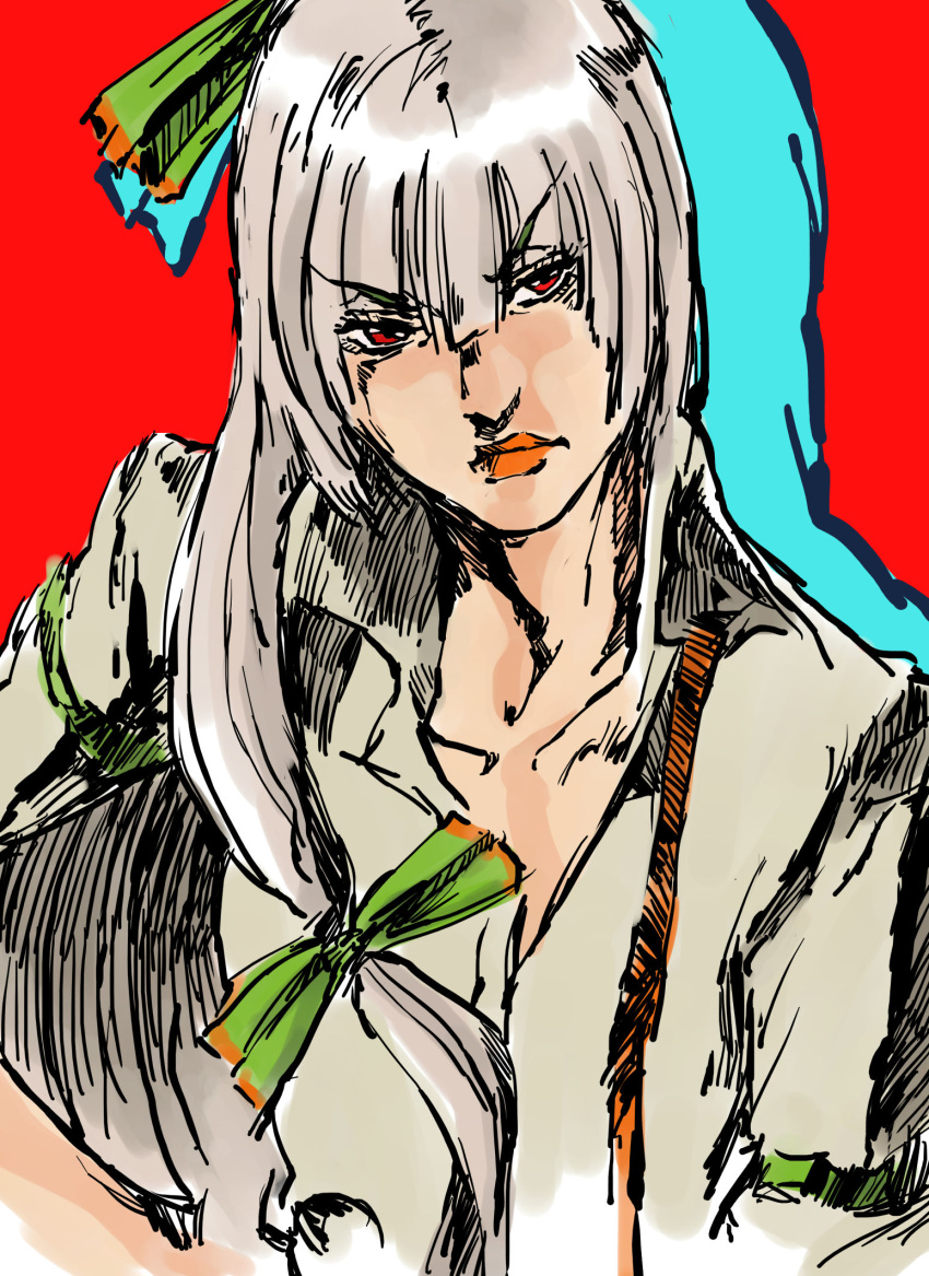 1girl araki_hirohiko_(style) bow closed_mouth drop_shadow eyebrows_visible_through_hair fujiwara_no_mokou green_bow grey_hair hair_bow highres looking_at_viewer nameo_(judgemasterkou) red_background red_eyes shirt solo touhou upper_body white_hair