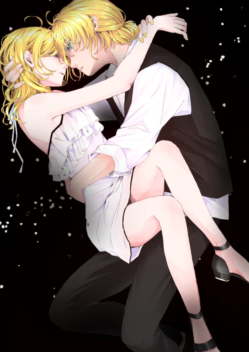 1boy 1girl adolescence_(vocaloid) arm_around_waist arms_around_neck bare_arms bare_shoulders black_pants blonde_hair blue_eyes brother_and_sister closed_eyes commentary dress face-to-face flat_chest forehead-to-forehead frilled_camisole frilled_dress frills half-closed_eyes hand_on_another's_head highres imminent_kiss incest kagamine_len kagamine_rin koryuuthfb pants parted_lips short_hair short_ponytail shoulder_blades siblings sleeveless_blazer sleeves_rolled_up twincest twins unbuttoned unbuttoned_shirt vocaloid white_camisole white_dress yellow_nails