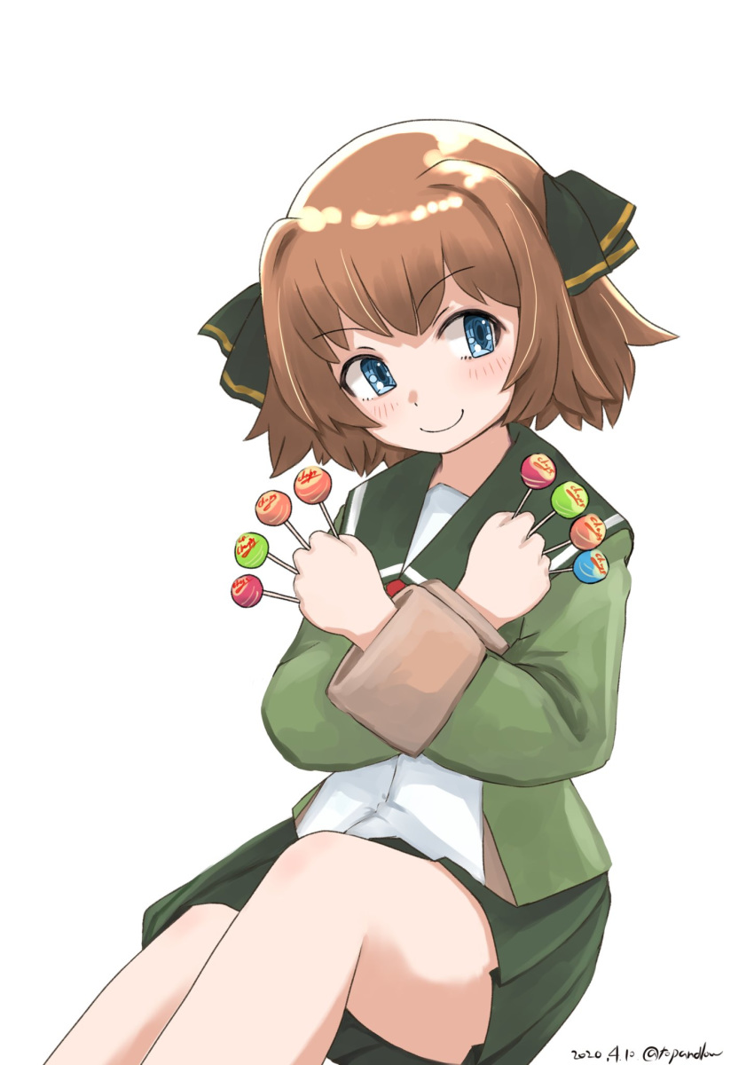 1girl bangs blue_eyes blush brown_hair candy chupa_chups dated eyebrows_visible_through_hair food fur-trimmed_sleeves fur_trim green_jacket green_skirt hachijou_(kantai_collection) hair_ribbon highres jacket kantai_collection lollipop long_sleeves pleated_skirt red_neckwear ribbon sailor_collar school_uniform simple_background skirt smile solo toplow twitter_username white_background