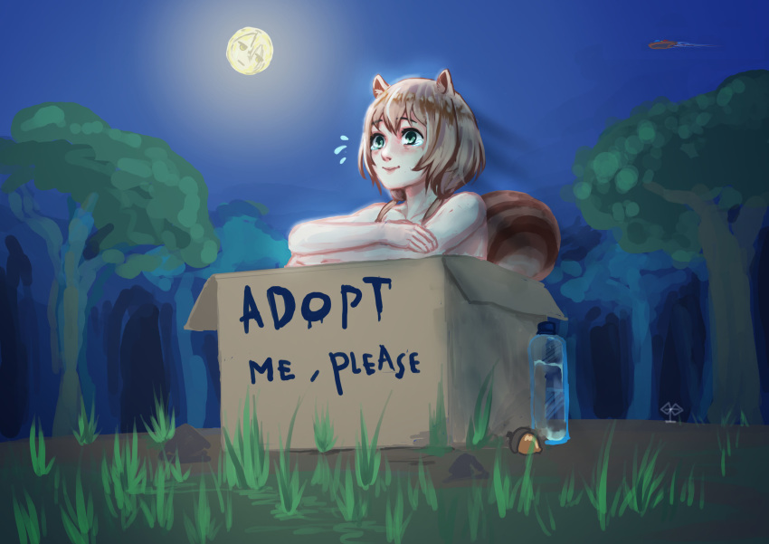 1girl absurdres acorn animal_ears artist_request ayunda_risu bottle box cardboard_box english_text for_adoption forest highres hololive in_box in_container moon nature night no_hat no_headwear outdoors short_hair solo squirrel_ears squirrel_girl squirrel_tail tail tree virtual_youtuber water_bottle