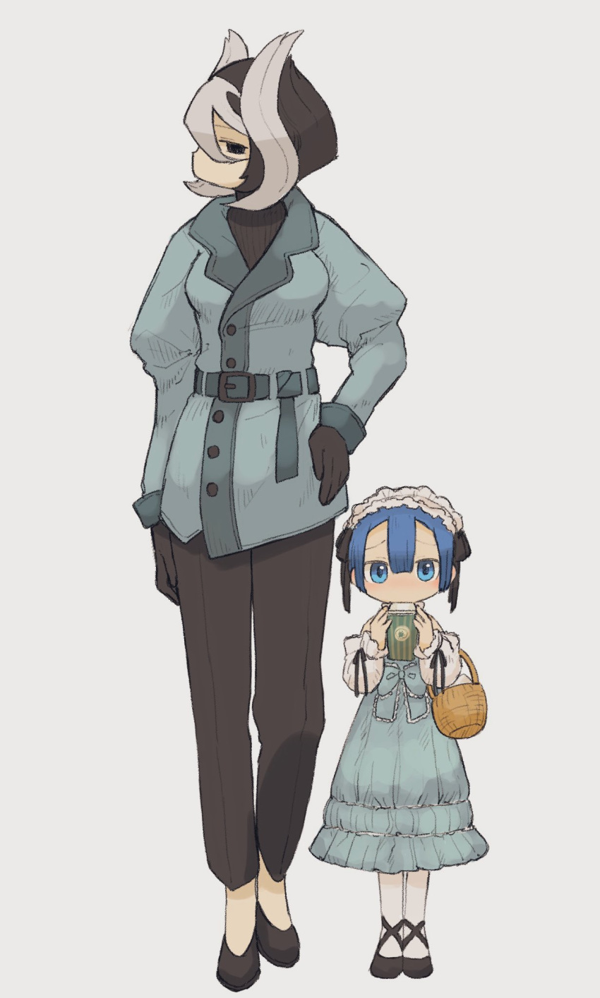 1boy 1girl alternate_costume basket belt black_eyes black_gloves black_hair blue_belt blue_coat blue_dress blue_eyes blue_hair blush breasts casual coat cup dress eyebrows_visible_through_hair gloves hair_between_eyes hand_on_hip height_difference highres holding holding_basket holding_cup kawasemi27 long_sleeves looking_at_viewer made_in_abyss maruruk medium_breasts multicolored_hair otoko_no_ko ozen short_hair white_hair