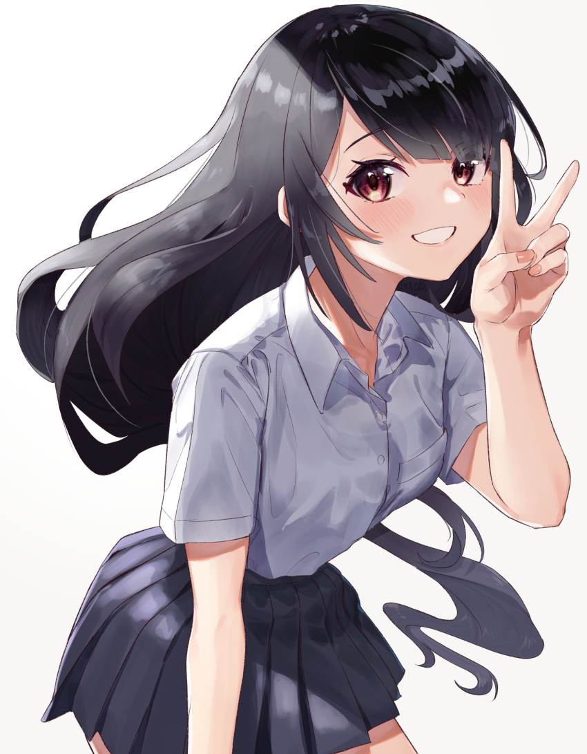 1girl :d absurdres bangs black_hair black_skirt blush breast_pocket collared_shirt commentary_request dress_shirt fingernails grin hand_up highres leaning_forward long_hair looking_at_viewer miniskirt open_mouth original pleated_skirt pocket red_eyes school_uniform shirt short_sleeves simple_background skirt smile solo taiga_(ryukyu-6102-8) teeth v very_long_hair white_background wing_collar