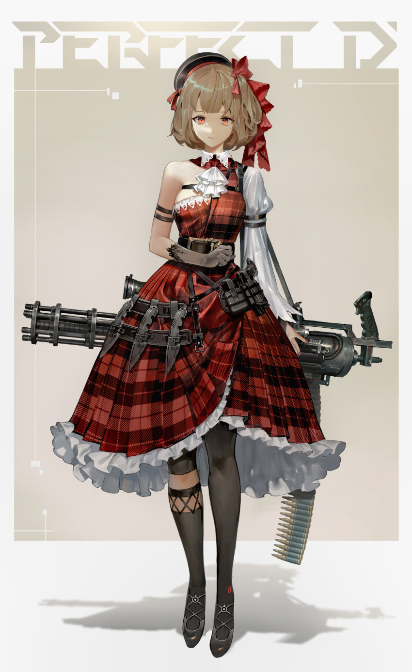 1girl absurdres ammunition_belt asymmetrical_legwear asymmetrical_sleeves bangs belt beret black_belt black_footwear black_headwear bow brown_hair clenched_hand closed_mouth combat_knife commentary cravat dress english_commentary english_text flats frilled_dress frills full_body gatling_gun gloves grey_background grey_gloves hair_bow hat highres knife light_smile long_sleeves looking_at_viewer medium_dress minigun object_279 original pink_eyes plaid plaid_dress red_bow red_dress shadow short_hair shycocoa single_glove socks solo standing thigh-highs tilted_headwear utility_belt weapon white_neckwear