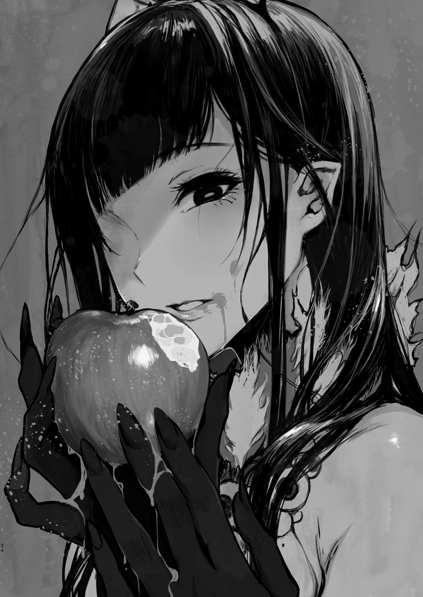 1girl ane_naru_mono apple bright_pupils chiyo_(ane_naru_mono) close-up fingernails food food_on_face fruit greyscale hands_up highres holding holding_food holding_fruit horizontal_pupils horns looking_at_viewer monochrome parted_lips pochi_(pochi-goya) pointy_ears sharp_fingernails solo upper_body