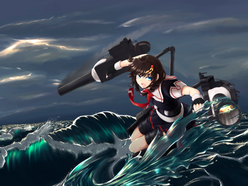 1girl absurdres ahoge black_hair black_serafuku black_shirt black_skirt blue_eyes braid cannon clouds cloudy_sky hair_flaps hair_ornament hair_over_shoulder highres kantai_collection m134 neckerchief ocean outdoors pleated_skirt red_neckwear remodel_(kantai_collection) rigging school_uniform serafuku shigure_(kantai_collection) shirt single_braid skirt sky solo thigh_strap torpedo_launcher turret waves