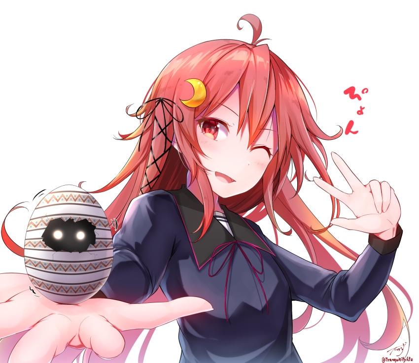 1girl ahoge artist_name baileys_(tranquillity650) bangs blue_serafuku commentary_request crescent crescent_hair_ornament egg eyebrows_visible_through_hair hair_between_eyes hair_ornament hair_ribbon highres kantai_collection long_hair looking_at_viewer neck_ribbon one_eye_closed open_hand open_mouth outstretched_arm red_eyes red_neckwear redhead ribbon sailor_collar sidelocks signature simple_background solo uzuki_(kantai_collection) v white_background
