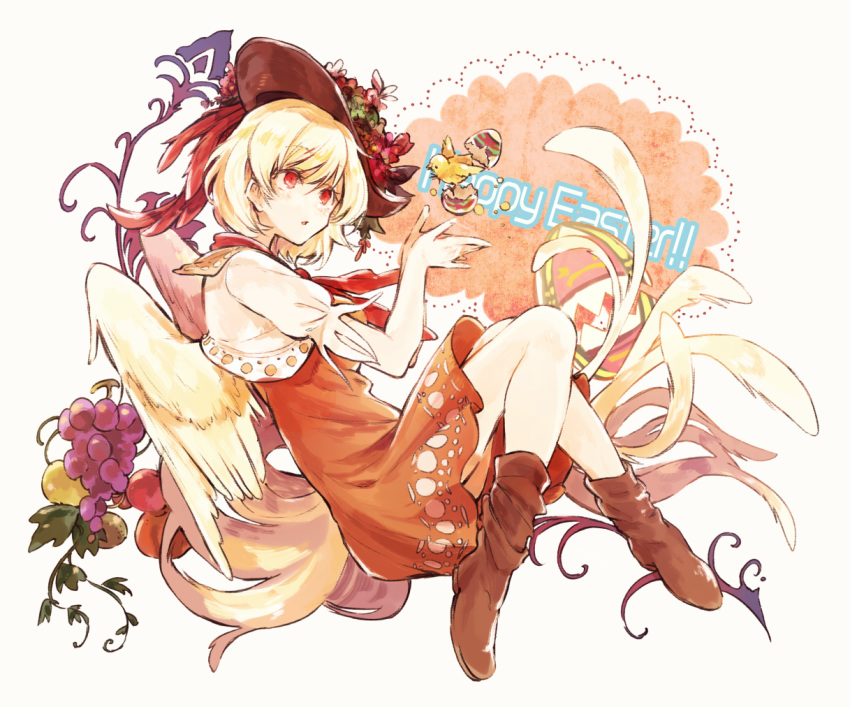 1girl animal beige_background bird bird_tail bird_wings blonde_hair boots brown_footwear capelet chick dress easter_egg egg flower food fruit full_body grapes hair_flower hair_ornament hat hisona_(suaritesumi) niwatari_kutaka orange_dress parted_lips puffy_short_sleeves puffy_sleeves red_eyes red_flower red_headwear short_hair short_sleeves solo touhou white_capelet wings