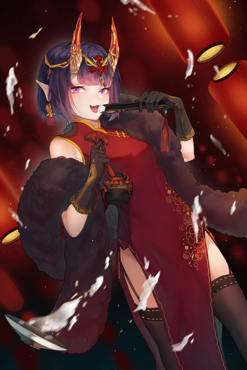 1girl :3 :d absurdres bangs black_gloves black_legwear bob_cut breasts china_dress chinese_clothes chinese_commentary closed_fan commentary dated dress dutch_angle earrings fan fangs fate/grand_order fate_(series) feather_boa folding_fan garter_straps gloves highres horn_ornament horns jewelry lantern looking_at_viewer oni oni_horns open_mouth paper_fan pointy_ears purple_hair red_dress short_hair shuten_douji_(fate/grand_order) skin-covered_horns sleeveless sleeveless_dress small_breasts smile solo standing thigh-highs violet_eyes xixi_(pixiv42857840)