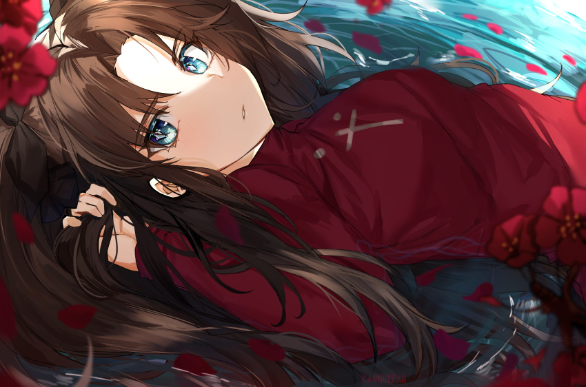 1girl absurdres black_hair blue_eyes breasts commentary fate/stay_night fate_(series) flower hair_ribbon highres kanniepan long_hair looking_at_viewer lying on_back red_flower ribbon solo thigh-highs toosaka_rin two_side_up upper_body