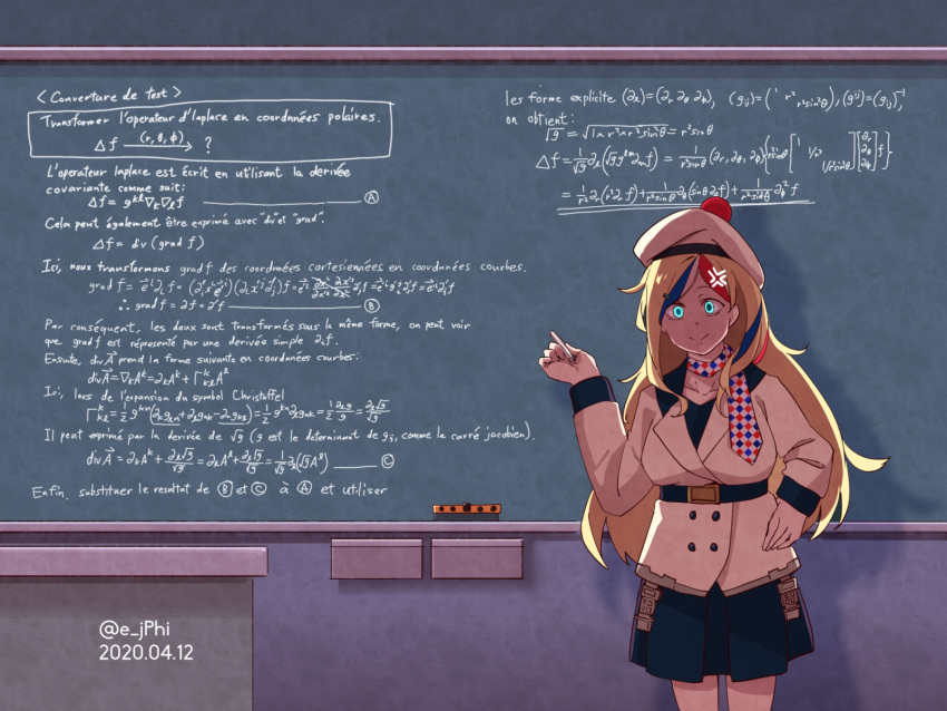 1girl anchor_hair_ornament anger_vein bangs belt beret blonde_hair blue_hair blue_skirt chalkboard commandant_teste_(kantai_collection) commentary_request double-breasted dress french_commentary french_text hair_ornament hat highres jacket kantai_collection long_hair looking_at_viewer math mixed-language_commentary multicolored multicolored_clothes multicolored_hair multicolored_scarf pleated_skirt pom_pom_(clothes) redhead scarf skirt solo streaked_hair swept_bangs translation_request vi3r6ein wavy_hair white_hair