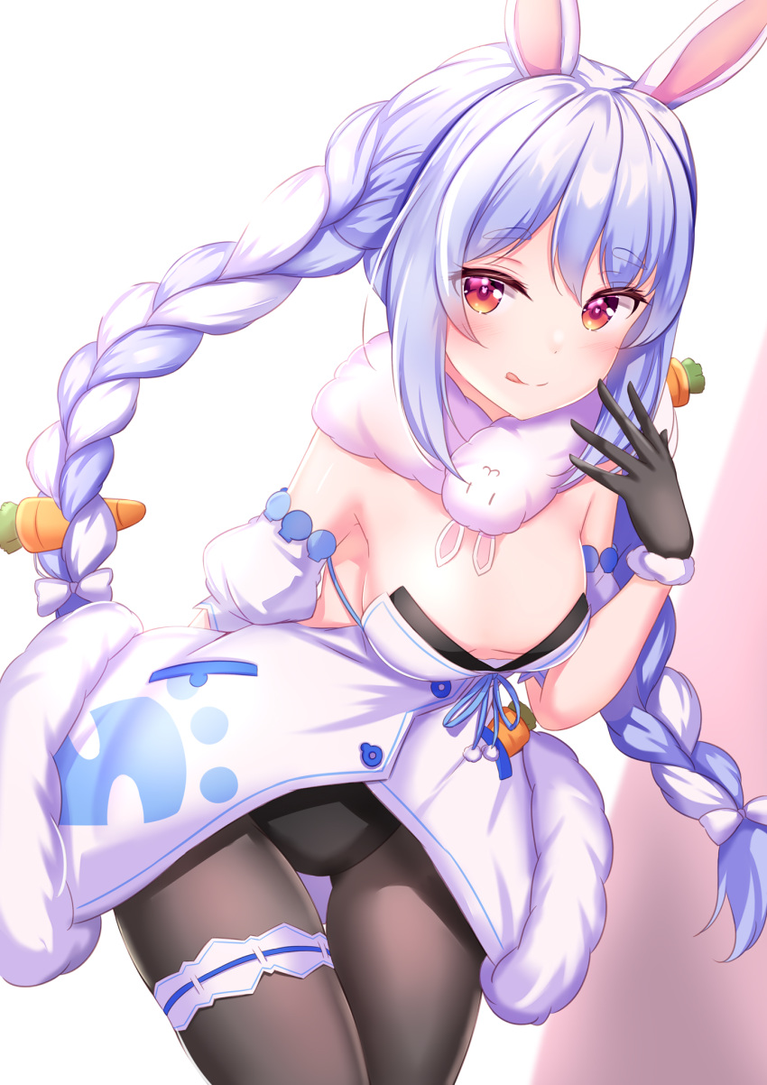 1girl :q animal_ears bare_shoulders black_gloves black_legwear black_leotard blue_hair braid breasts bunny_girl bunnysuit carrot_hair_ornament coat cowboy_shot detached_sleeves food_themed_hair_ornament fur_collar gloves hair_ornament hair_ribbon hand_up highres hololive leaning_forward leotard long_hair looking_at_viewer pantyhose rabbit_ears red_eyes ribbon small_breasts smile solo strapless strapless_leotard thigh_strap tongue tongue_out twin_braids twintails usada_pekora very_long_hair virtual_youtuber white_coat yuano