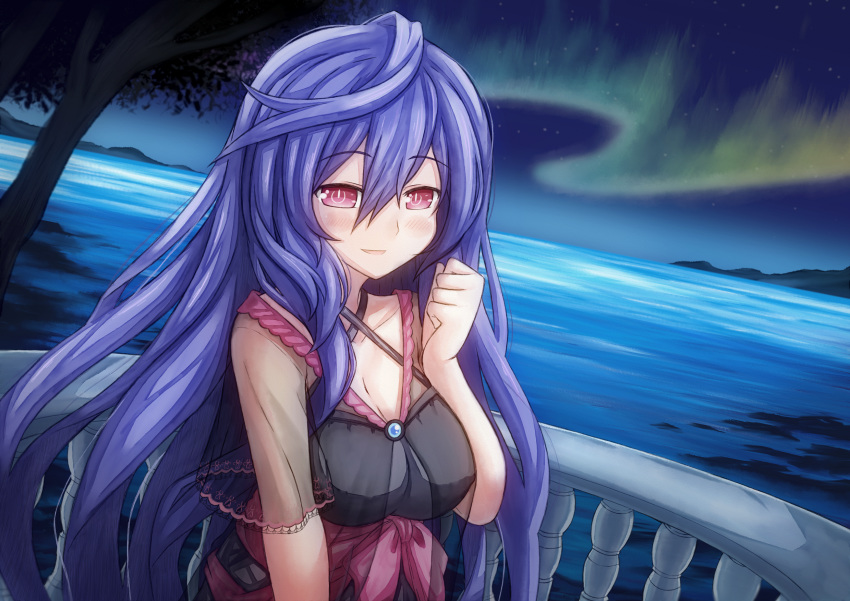 1girl alternate_costume aurora blue_hair blush breasts eyebrows_visible_through_hair hair_between_eyes highres iris_heart kami_jigen_game_neptune_v large_breasts long_hair neptune_(series) novus_rue pink_eyes power_symbol smile solo symbol-shaped_pupils