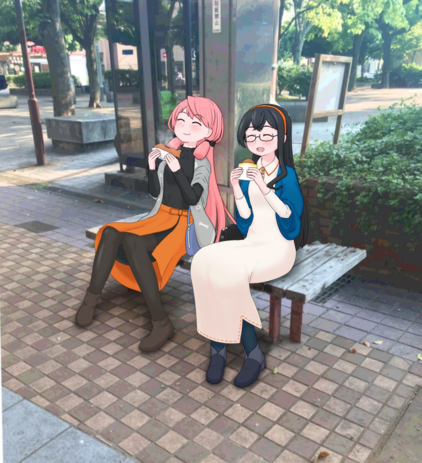 2girls akashi_(kantai_collection) alternate_costume bangs bench black_hair blush boots day dress eating eyebrows_visible_through_hair food geometrie glasses hair_ribbon hairband highres holding holding_food jacket kantai_collection long_hair long_sleeves multiple_girls ooyodo_(kantai_collection) open_mouth outdoors photo_background pink_hair ribbon sitting skirt smile tress_ribbon