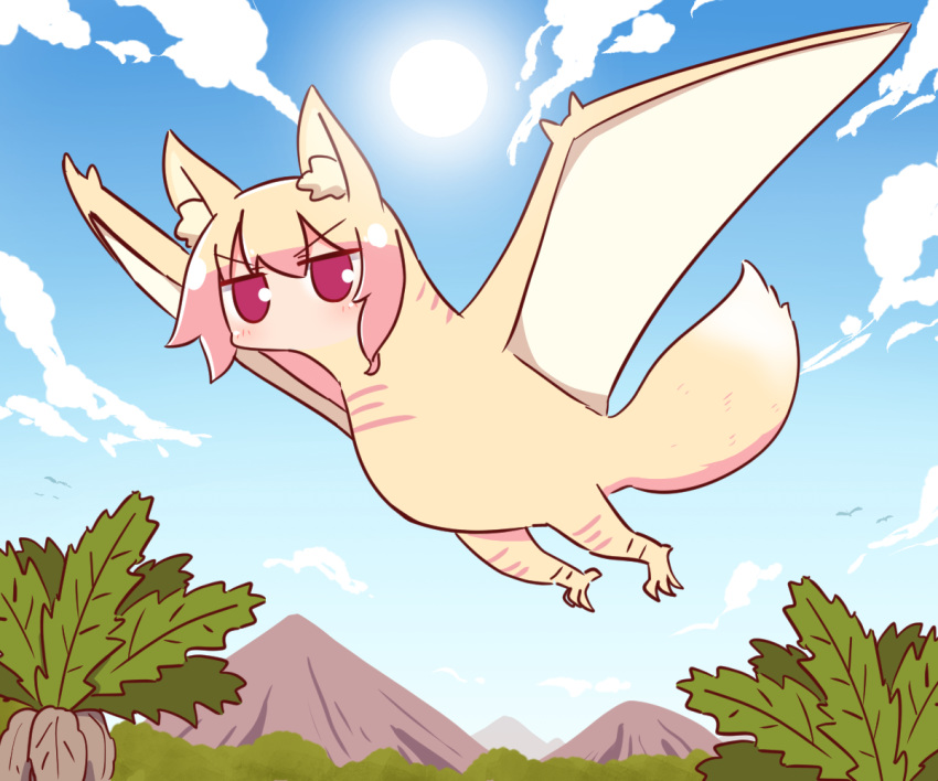 1girl animal_ear_fluff animal_ears animal_request bangs blonde_hair blue_sky clouds commentary_request day eyebrows_visible_through_hair flying fox_ears fox_girl fox_tail hair_between_eyes kemomimi-chan_(naga_u) long_hair mountain naga_u original outdoors red_eyes sky sun tail tree v-shaped_eyebrows