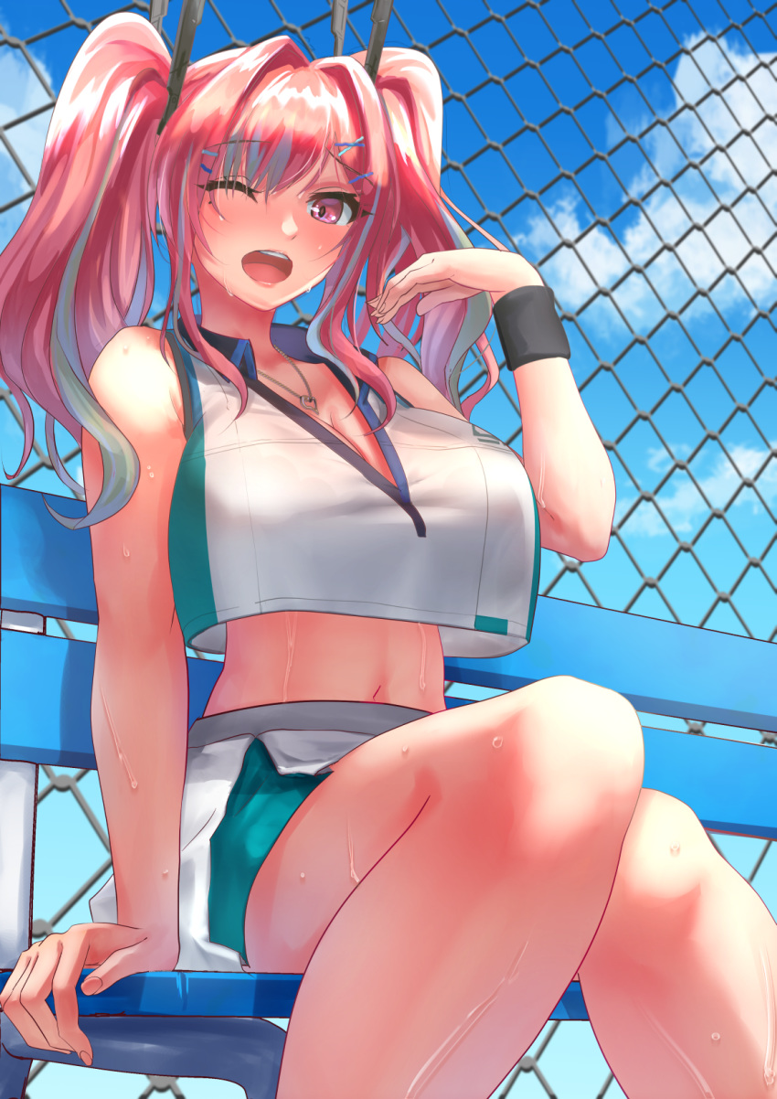 1girl arm_support artist_request azur_lane bangs bare_shoulders bench bow breasts bremerton_(azur_lane) bremerton_(scorching-hot_training)_(azur_lane) chain-link_fence commentary_request crop_top crop_top_overhang day eyebrows_visible_through_hair fence grey_hair hair_between_eyes hair_bow hair_ornament hairclip heart heart_necklace highres large_breasts long_hair mole mole_under_eye multicolored_hair one_eye_closed open_mouth pink_hair sportswear streaked_hair tennis tennis_uniform twintails two-tone_hair two-tone_shirt two-tone_skirt x_hair_ornament