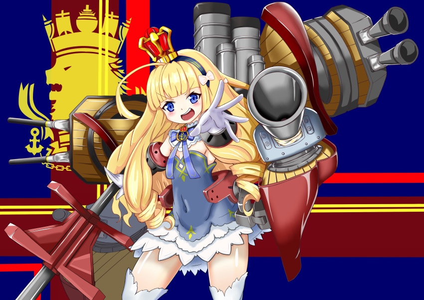1girl :d absurdres ahoge anchor_symbol armpits azur_lane bangs black_dress blonde_hair blue_background blue_bow blue_eyes blunt_bangs blush bow bowtie commentary_request covered_navel cowboy_shot crown detached_sleeves dress eyebrows_visible_through_hair fang flat_chest frilled_dress frills gloves hairband highres holding_scepter long_hair looking_at_viewer machinery mini_crown multicolored multicolored_background open_mouth outstretched_arm queen_elizabeth_(azur_lane) red_background ribaia rigging ringlets royal_navy_(emblem)_(azur_lane) scepter sidelocks sleeveless sleeveless_dress smile smokestack solo standing striped striped_hairband thigh-highs turret very_long_hair white_bow white_gloves white_legwear zettai_ryouiki