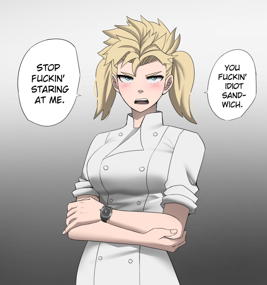 1girl blonde_hair blue_eyes blush breasts chef chef_uniform closed_mouth crossed_arms double-breasted english_text fingernails genderswap genderswap_(mtf) gordon_ramsay gradient gradient_background grey_background highres jourd4n looking_at_viewer medium_breasts open_mouth profanity real_life short_hair short_sleeves solo speech_bubble twintails upper_body watch watch