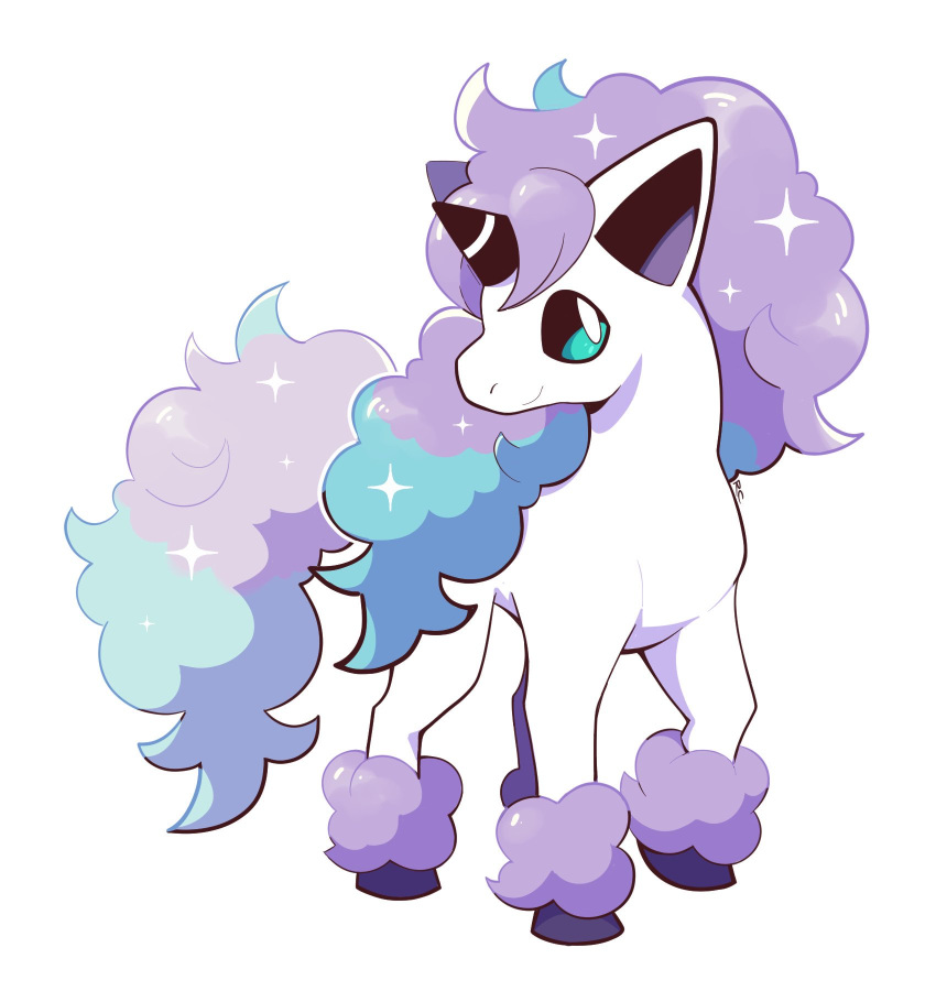 artsy-rc commentary english_commentary full_body galarian_ponyta gen_8_pokemon glint highres no_humans pokemon pokemon_(creature) simple_background smile solo sparkle standing white_background