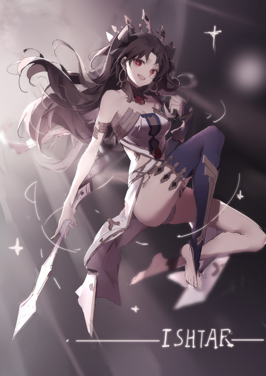 1girl absurdres anklet armlet asymmetrical_legwear asymmetrical_sleeves bangs bare_shoulders breasts detached_sleeves earrings fate/grand_order fate_(series) feet floating gold_trim highres hoop_earrings ishtar_(fate)_(all) ishtar_(fate/grand_order) jewelry legs long_hair looking_at_viewer luozhou_pile medium_breasts neck_ring open_mouth parted_bangs pelvic_curtain red_eyes single_detached_sleeve single_thighhigh smile solo sword thigh-highs tiara toeless_legwear two_side_up weapon
