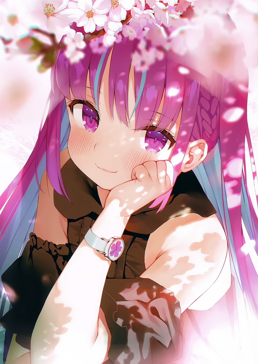 1girl absurdres bangs bare_shoulders black_dress blue_hair blurry blurry_background blush closed_mouth dress eyebrows_visible_through_hair flower hand_on_own_cheek hand_up highres hololive lips long_hair looking_at_viewer matsui_hiroaki minato_aqua multicolored_hair page_number purple_hair scan shiny shiny_hair short_sleeves sidelocks simple_background smile solo tree_branch upper_body violet_eyes watch watch