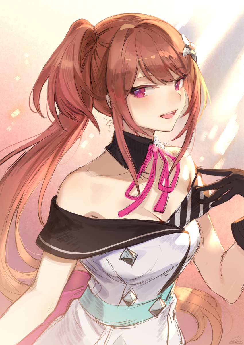1girl bangs bare_arms bare_shoulders black_gloves breasts brown_hair commentary_request copyright_request gloves highres long_hair looking_at_viewer mashuu_(neko_no_oyashiro) medium_breasts open_mouth palette_project pink_eyes pink_ribbon ribbon short_sleeves smile solo virtual_youtuber