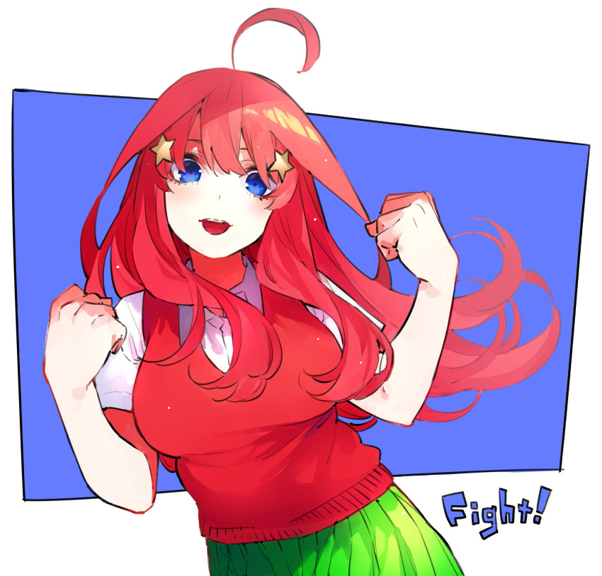 1girl bangs blue_eyes breasts collared_shirt eyebrows_behind_hair go-toubun_no_hanayome hair_ornament hand_up haruba_negi highres image_sample large_breasts long_hair looking_at_viewer nakano_itsuki official_art partially_unbuttoned red_sweater redhead shirt short_sleeves sidelocks simple_background solo star star_hair_ornament sweater sweater_vest tongue twitter_sample upper_body white_shirt