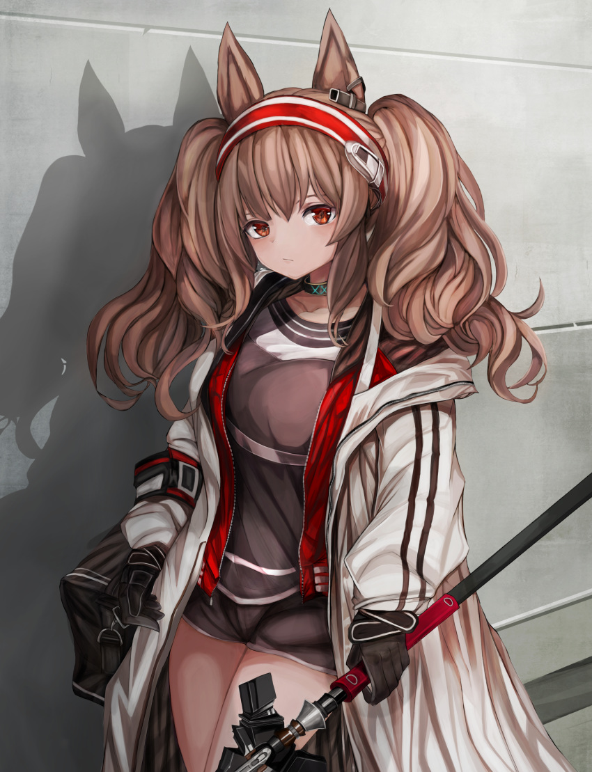 1girl absurdres angelina_(arknights) animal_ears arknights bangs black_gloves black_shorts blush brown_eyes brown_hair choker coat commentary cowboy_shot dumi english_commentary fox_ears gloves grey_shirt hairband highres holding holding_staff indoors long_hair long_sleeves looking_at_viewer open_clothes open_coat red_hairband shadow shirt short_shorts shorts solo staff standing thighs twintails white_coat