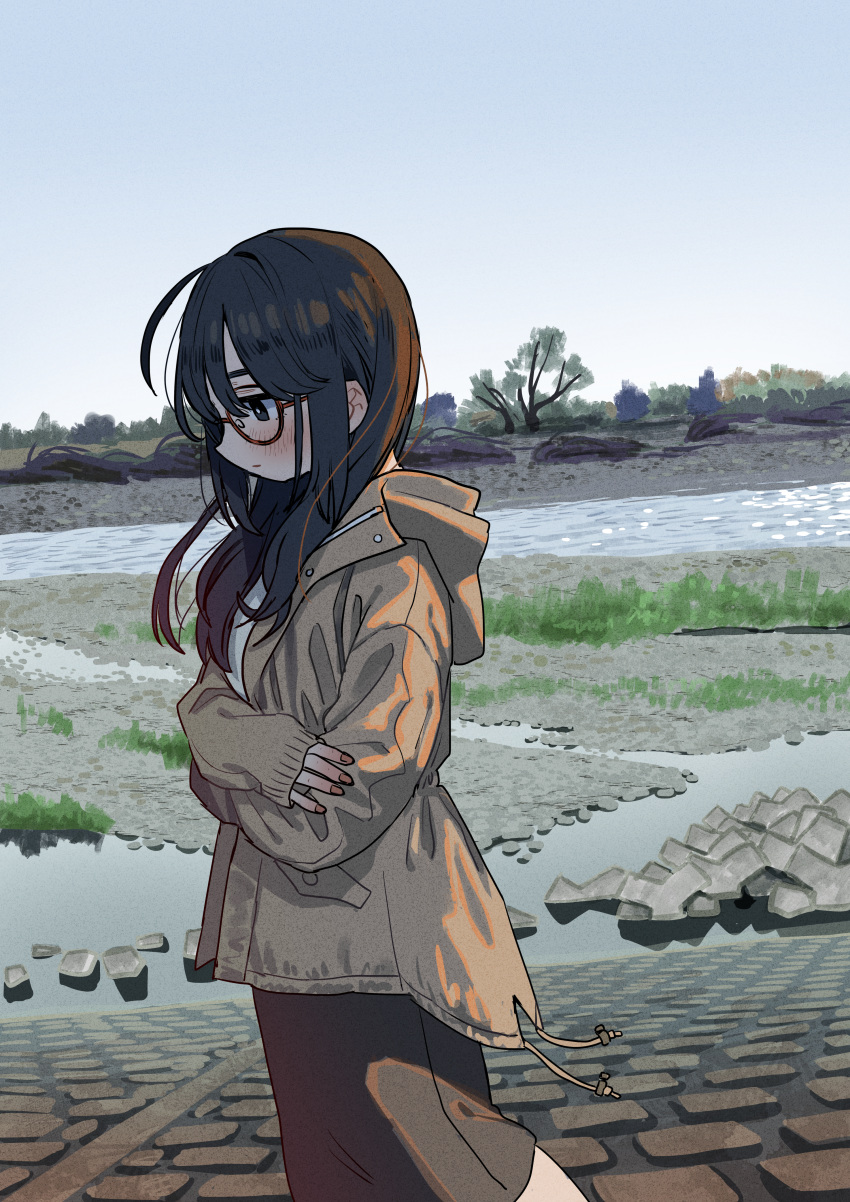 1girl absurdres bangs blush brown_hair brown_jacket closed_mouth crossed_arms day from_side glasses highres hood hood_down hooded_jacket huge_filesize jacket long_hair long_sleeves original outdoors profile river skirt sky solo water zinbei