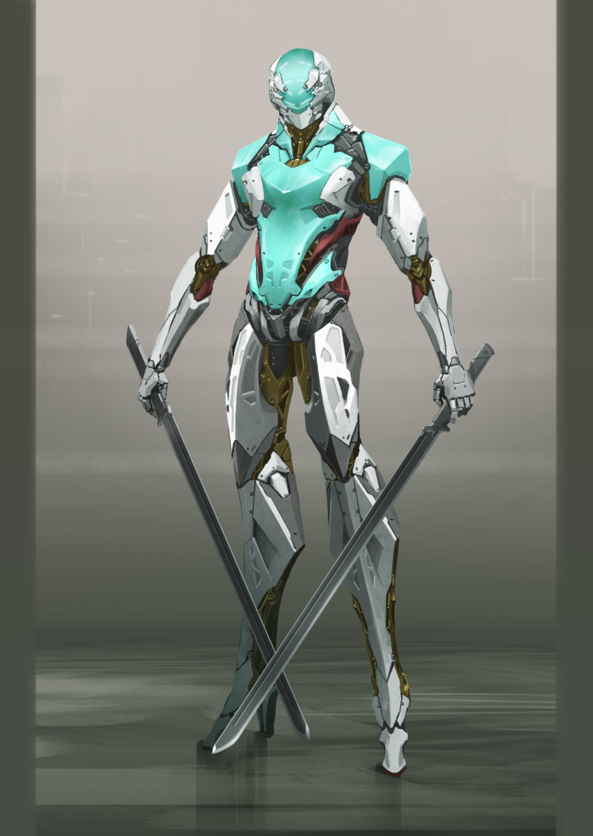 1boy android chaboex commentary_request cyborg dual_wielding full_body helmet high_heels highres holding katana mecha mechanical_arm mechanical_legs mechanical_parts original science_fiction sword weapon