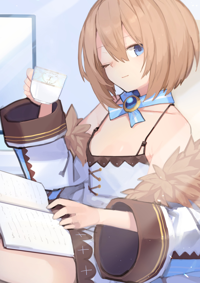 1girl absurdres bare_shoulders blanc blancpig_yryr blue_eyes book breasts brown_hair collarbone cup dress fur_trim hat highres jacket light_smile neptune_(series) one_eye_closed short_hair small_breasts solo spaghetti_strap teacup white_dress white_jacket