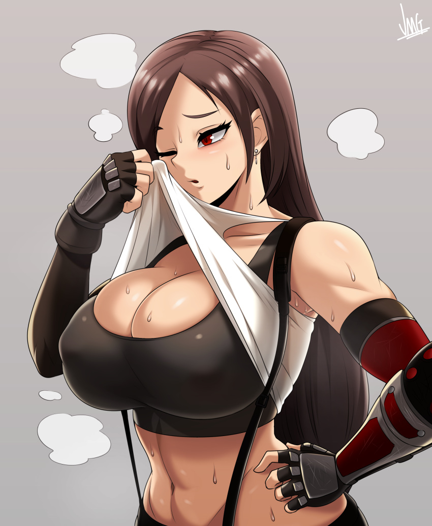 1girl abs absurdres arm_guards black_hair breasts final_fantasy final_fantasy_vii final_fantasy_vii_remake hand_on_hip highres jmg large_breasts shirt shirt_lift solo sports_bra steaming_body suspenders sweat tank_top taut_clothes taut_shirt tifa_lockhart toned upper_body white_tank_top wiping_face