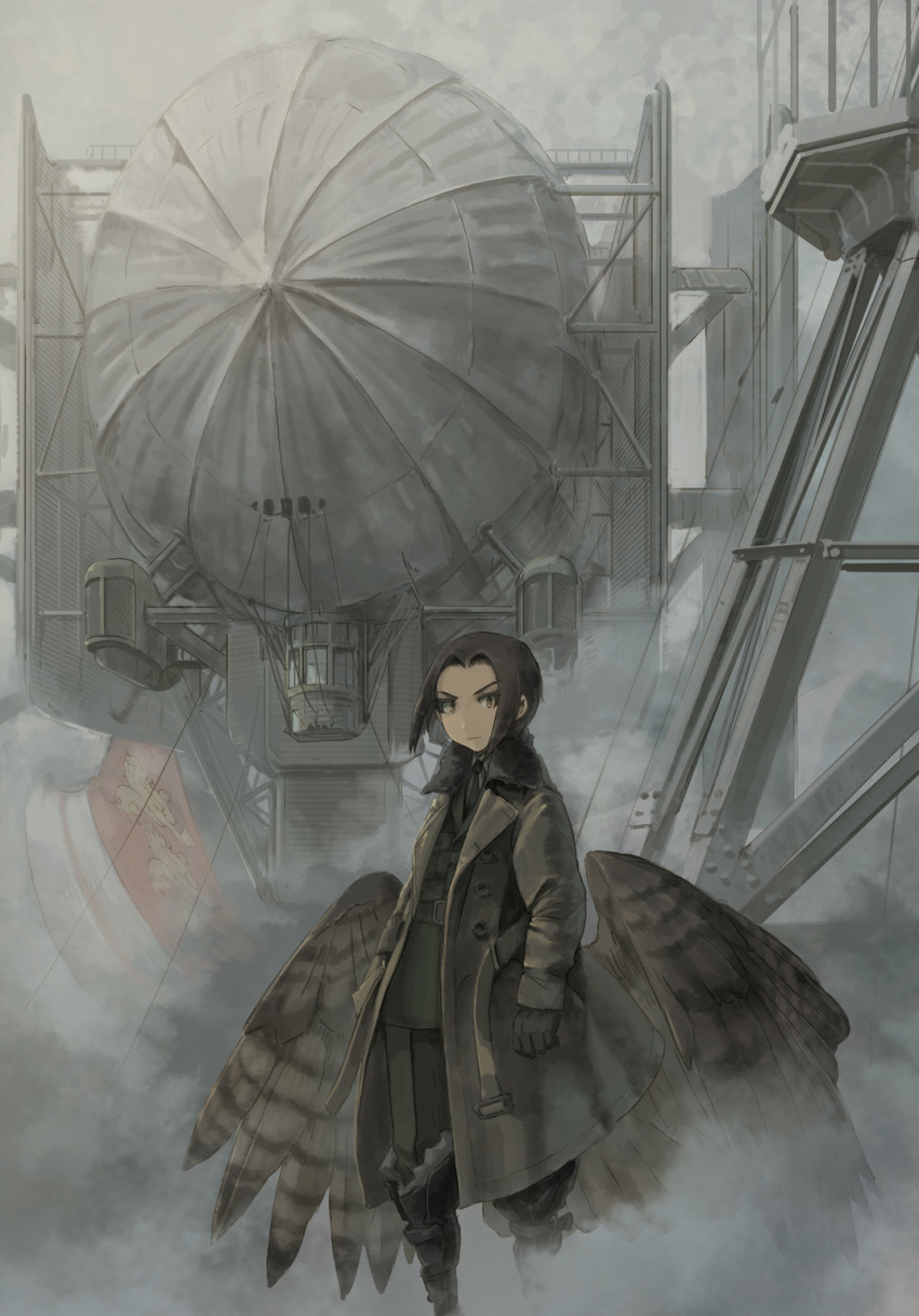 1girl aircraft amelia_shaw asterisk_kome bird_wings black_footwear black_gloves black_hair boots brown_eyes brown_wings closed_mouth coat commentary dirigible fog gloves grey_coat grey_jacket grey_pants highres jacket knee_boots looking_at_viewer low_wings open_clothes open_coat pants short_hair solo standing winged_fusiliers wings