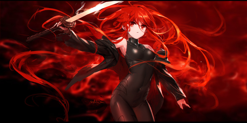 1girl artist_name bodysuit border breasts covered_navel cowboy_shot highres jacket katana long_hair off_shoulder open_clothes open_jacket red_eyes redhead shakugan_no_shana shana signature small_breasts solo swd3e2 sword very_long_hair weapon