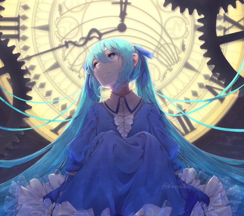 1girl aqua_hair astronomical_clock backlighting blue_dress blue_eyes chaban_capriccio_(vocaloid) clock clock_tower clockwork dress evillious_nendaiki eyelashes frill_trim frilled_dress frilled_sleeves frills gears hatsune_miku heartbeat_clocktower_(vocaloid) highres houtei_no_nushi inner_workings juliet_sleeves kureihii long_hair long_sleeves looking_away looking_up master_of_the_court_(vocaloid) pale_skin puffy_sleeves roman_numerals sitting tower twintails very_long_hair victorian vocaloid zodiac