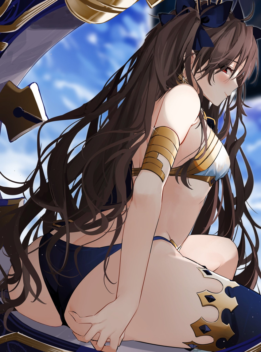 1girl armlet ass asymmetrical_legwear asymmetrical_sleeves bangs bare_shoulders blue_panties blue_sky blush breasts brown_hair crown detached_sleeves earrings fate/grand_order fate_(series) heavenly_boat_maanna highres hoop_earrings ishtar_(fate)_(all) ishtar_(fate/grand_order) jewelry large_breasts long_hair looking_to_the_side panties red_eyes single_detached_sleeve single_thighhigh sky smile thigh-highs thighs tiara two_side_up underwear very_long_hair weapon xretakex