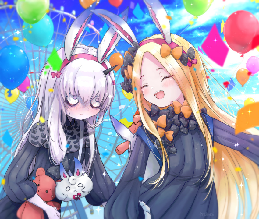 2girls abigail_williams_(fate/grand_order) animal_ears bags_under_eyes balloon bangs black_bow black_dress blonde_hair blue_sky blush bow breasts closed_eyes closed_mouth commentary_request confetti dress fate/grand_order fate_(series) ferris_wheel forehead hair_bow highres horn lavinia_whateley_(fate/grand_order) long_hair multiple_bows multiple_girls open_mouth orange_bow pale_skin parted_bangs polka_dot polka_dot_bow rabbit_ears ribbed_dress sky sleeves_past_fingers sleeves_past_wrists small_breasts smile stuffed_animal stuffed_toy teddy_bear touko_56 wide-eyed