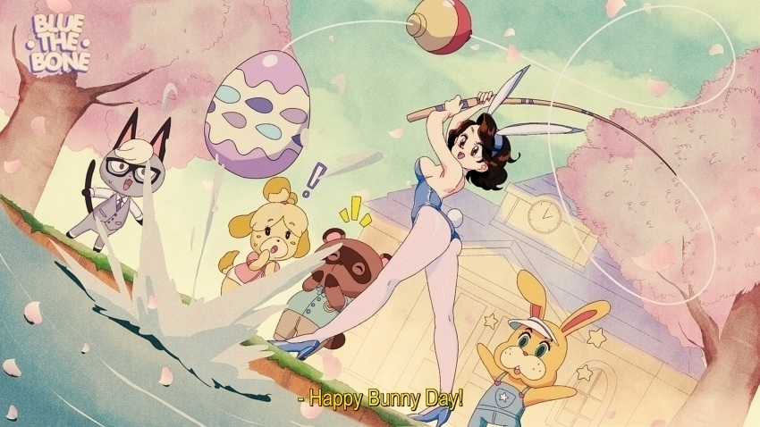 1990s_(style) animal_ears artist_name bluethebone breasts bunny_girl bunny_tail bunnysuit cherry_blossoms doubutsu_no_mori easter easter_egg egg fake_animal_ears fishing fishing_rod high_heels highres house lake open_mouth pantyhose pyontarou rabbit_ears shizue_(doubutsu_no_mori) standing tail tanukichi_(doubutsu_no_mori) tree villager_(doubutsu_no_mori)