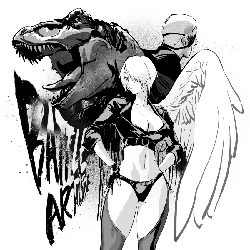 1girl 2boys angel_(kof) breasts dinosaur_costume english_text eyepatch highres king_of_dinosaurs large_breasts midriff multiple_boys navel one_eye_covered ramon_(kof) short_hair single_wing the_king_of_fighters wenwen white_hair wings