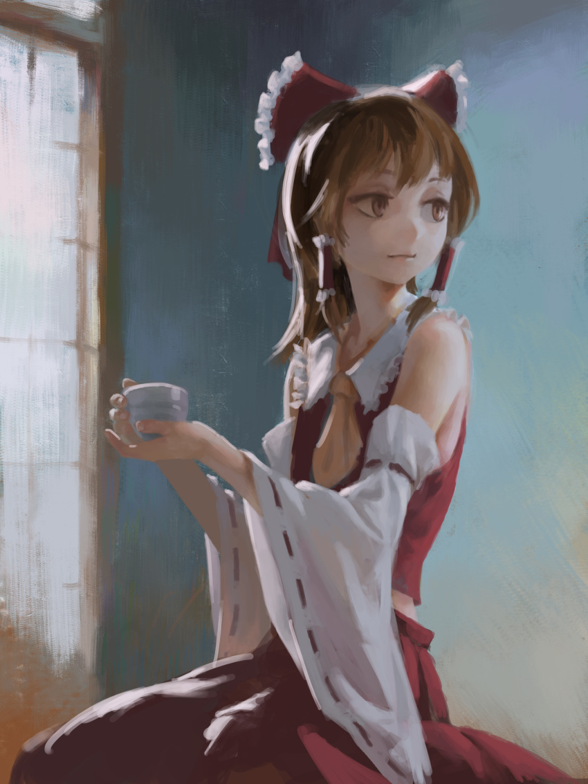 1girl absurdres ascot bangs bare_shoulders brown_eyes brown_hair cup detached_sleeves dress fine_art_parody hair_ribbon hair_tubes hakurei_reimu highres holding holding_cup indoors long_hair looking_to_the_side nontraditional_miko parody red_dress red_ribbon ribbon sitting smile solo touhou treeware wariza yellow_neckwear