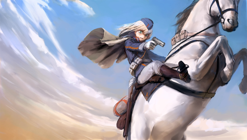 1girl belt belt_pouch blonde_hair blue_eyes blue_headwear blue_sky boots brown_footwear cape clenched_teeth clouds cloudy_sky day gloves gun handgun hat highres holding holding_gun holding_weapon horse horseback_riding jacket long_hair long_sleeves military military_uniform original outdoors pants parted_lips pistol pouch rearing reins riding sitting sky solo stirrups teeth treeware uniform weapon white_gloves
