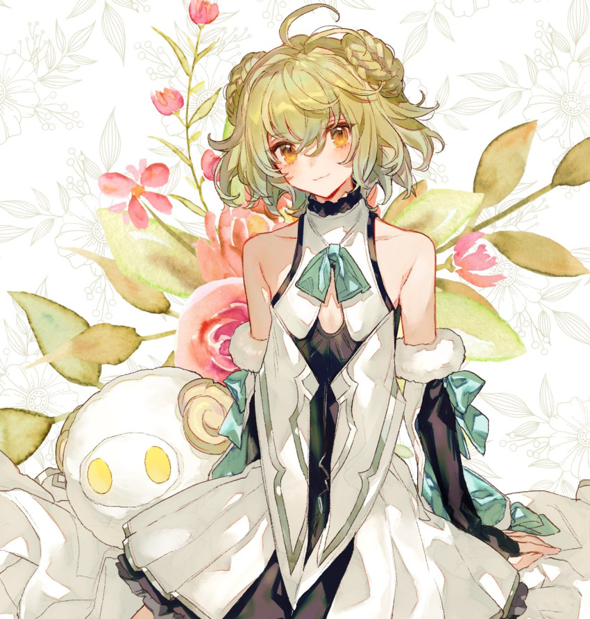 1boy ahoge apollo_(fate) bare_shoulders bow chocoan detached_sleeves dress fate/grand_order fate_(series) flower green_hair highres paris_(fate/grand_order) sheep smile yellow_eyes