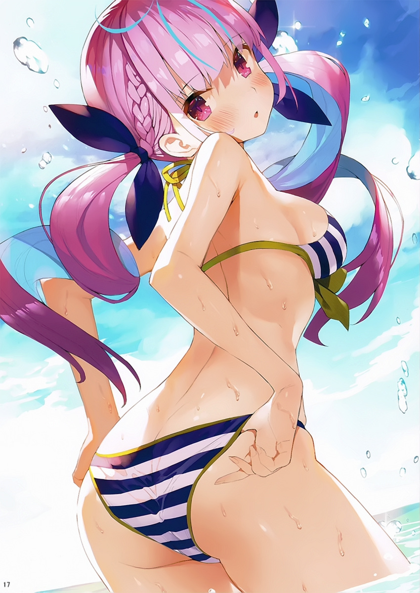 1girl absurdres ass bangs bikini blue_bow blue_hair blue_sky blush bow braid breasts from_behind highres hololive long_hair looking_at_viewer looking_back matsui_hiroaki medium_breasts minato_aqua multicolored_hair ocean open_mouth page purple_hair scan sideboob sky solo swimsuit twintails two-tone_hair violet_eyes virtual_youtuber wet