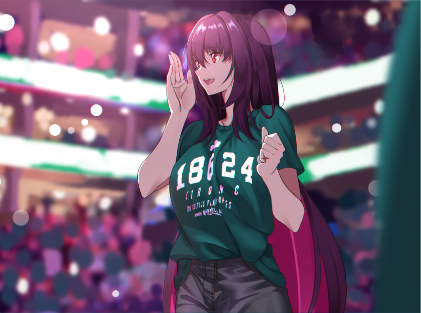 1girl bangs boston_celtics breasts collarbone commentary_request fate/grand_order fate_(series) green_shirt hair_between_eyes hand_up highres large_breasts long_hair national_basketball_association open_mouth purple_hair red_eyes revision scathach_(fate)_(all) scathach_(fate/grand_order) shijie_jianfa shirt smile solo
