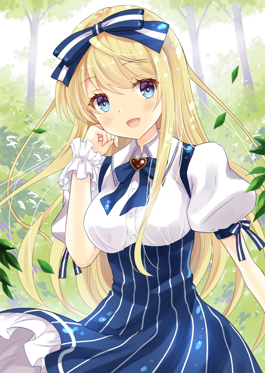 1girl bangs blonde_hair blue_bow blue_eyes blue_skirt blush bow breasts commentary_request emori_miku_project emu_alice eyebrows_visible_through_hair hair_bow heart highres long_hair looking_at_viewer open_mouth outdoors puffy_short_sleeves puffy_sleeves short_sleeves skirt smile solo uonuma_yuu