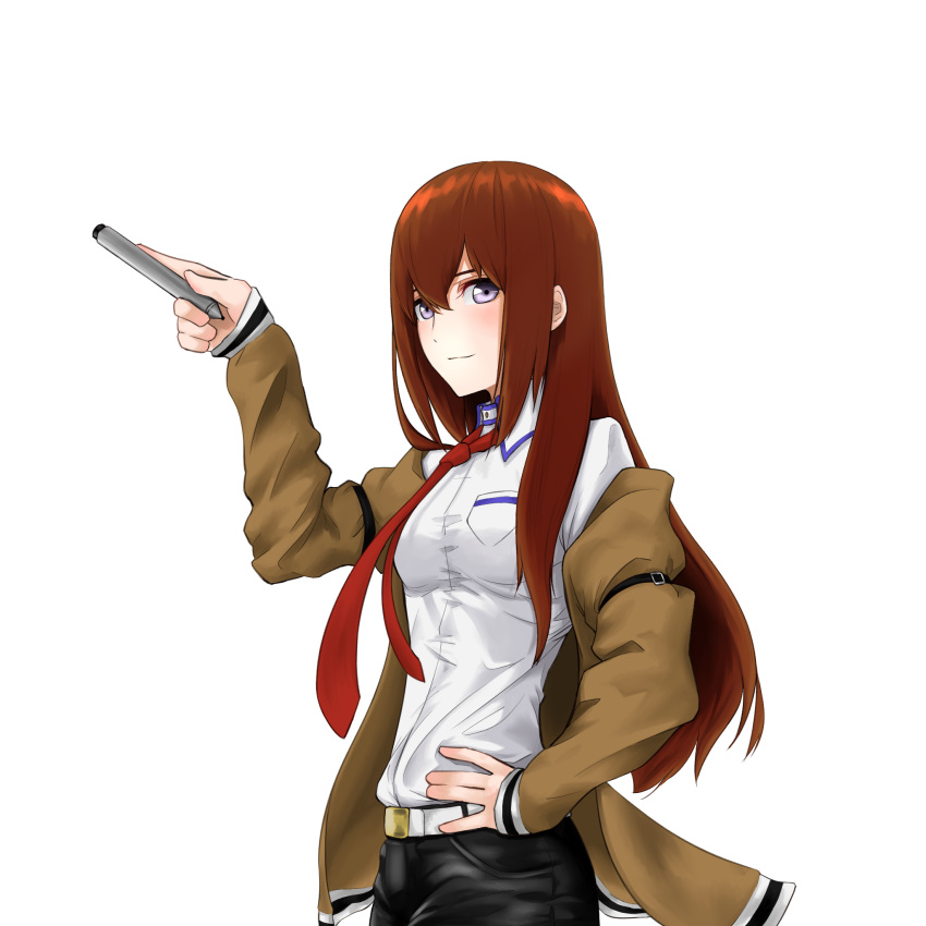 1girl arm_up bangs belt belt_buckle black_pants blush breasts brown_hair buckle closed_mouth collar collared_shirt commentary_request from_side grey_eyes hair_between_eyes hand_on_hip highres holding holding_marker jacket keisanmisu long_hair long_sleeves looking_at_viewer makise_kurisu marker necktie neckwear pants pocket red_neckwear shirt simple_background smile solo standing steins;gate upper_body white_background white_shirt